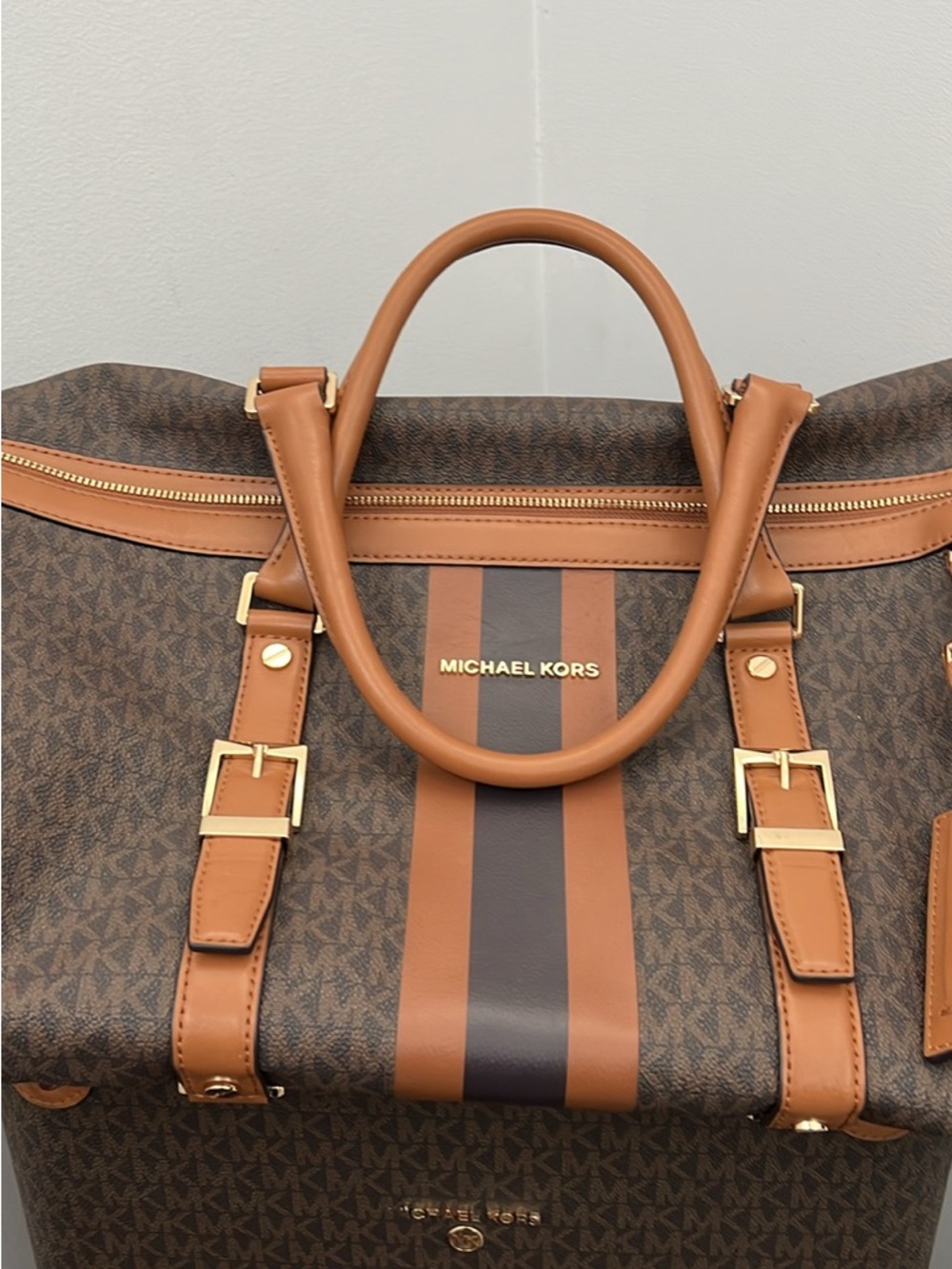Michael Kors Brown & Tan Striped Duffel Bag